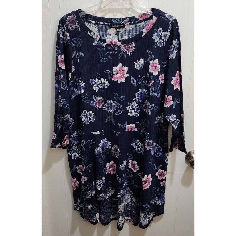 Lane Bryant Women's Hi Low Hem 3/4 Sleeve Dress Ribbed Blue Floral Plus Sz 18/20